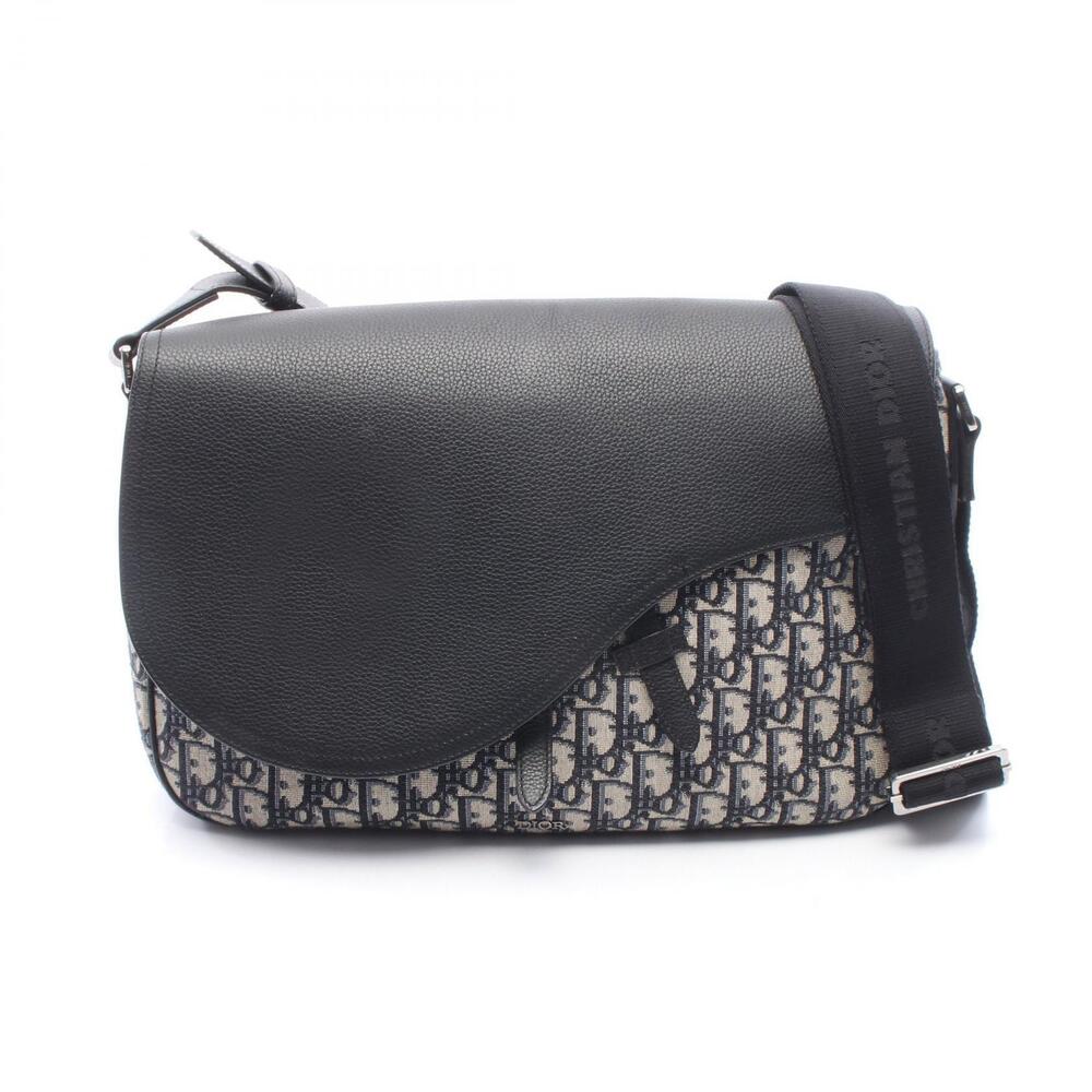 Christian Dior Saddle Oblique Crossbody Bag Canvas Leather Navy Blue Beige
